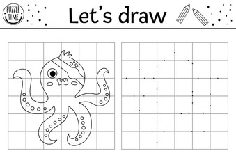 Draw the octopus. Complete the picture. Vector pirate drawing practice worksheet. Printable black and white activity for kids with sea animal. Treasure island copy the picture coloring page.