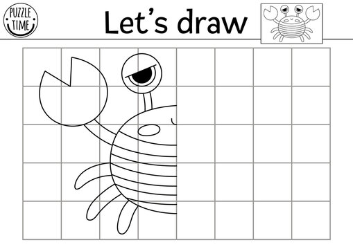 Complete the pirate crab picture. Vector pirate symmetrical drawing practice worksheet. Printable black and white activity for preschool kids. Copy the picture treasure island game with cute animal.
