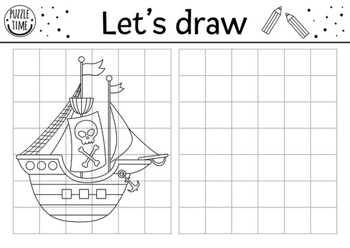 Draw the pirate ship. Complete the picture. Vector pirate drawing practice worksheet. Printable black and white activity for kids with raider boat. Treasure island copy the picture coloring page.