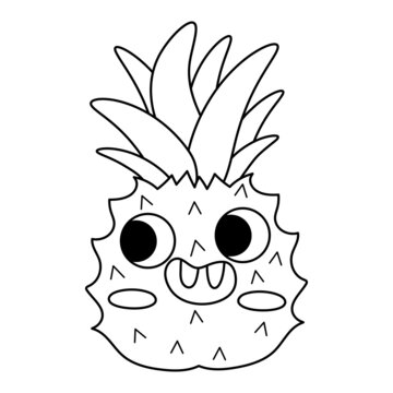 Vector black and white funny kawaii pineapple line icon or coloring page. Pirate fruit illustration. Comic plant fruit with eyes and mouth isolated on white background.