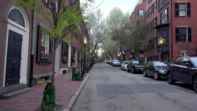 Beacon Hill historical neighborhood (W Cedar Strt) on spring. Boston, Massachusetts, USA.