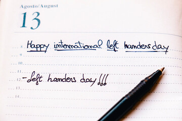 Happy lefties day! A notebook with the day August 13 with the words 