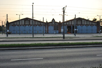 tram depot in Wrocław at Powstańców Śląskich street, technical building, brick, infrastructure, evening