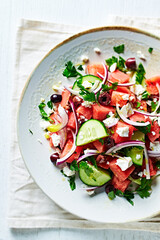 Watermelon Greek Salad with Kalamata Olives. Top view. Close-up
