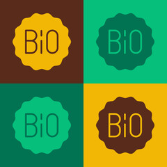 Pop art Banner, label, tag, logo for bio green healthy food icon isolated on color background. Organic product. Healthy food sticker. Vector