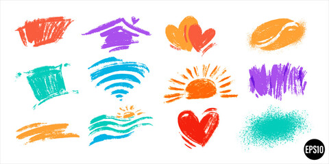 Fototapeta na wymiar Vector set of hand drawn brush strokes and objects. Various color drawn house, hearts, coffee bean, wi fi symbol, pillow, sun, sea and rectangular strokes. Hand drawn small backdrops.