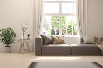 White living room with sofa and summer landscape in window. Scandinavian interior design. 3D illustration