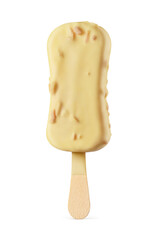 Popsicle ice cream bar with white chocolate coating and almonds isolated on white.