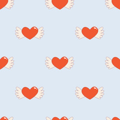 Heart with wings - flat color vector seamless pattern. Valentine's Day vector background.