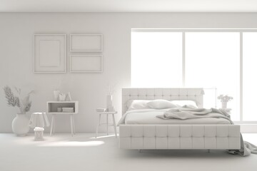 Modern bedroom concept in grey color. Scandinavian interior design. 3D illustration