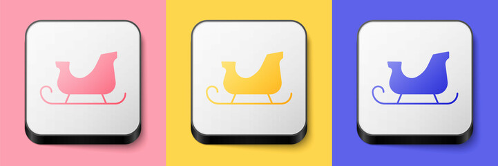 Isometric Christmas santa claus sleigh icon isolated on pink, yellow and blue background. Merry Christmas and Happy New Year. Square button. Vector