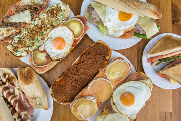 Toast for breakfast. Full buffet breakfast. Aerial view of meal plates