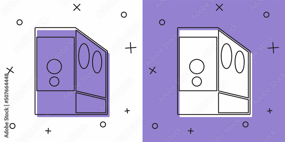 Poster set case of computer icon isolated on white and purple background. computer server. workstation. vec