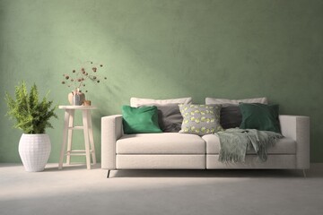 Green living room with sofa, wooden home decor and green home plant. 3D illustration