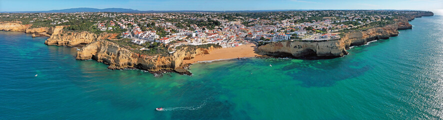 Aerial panorama from the historical village Carvoeiro in the Algarve Portugal - obrazy, fototapety, plakaty