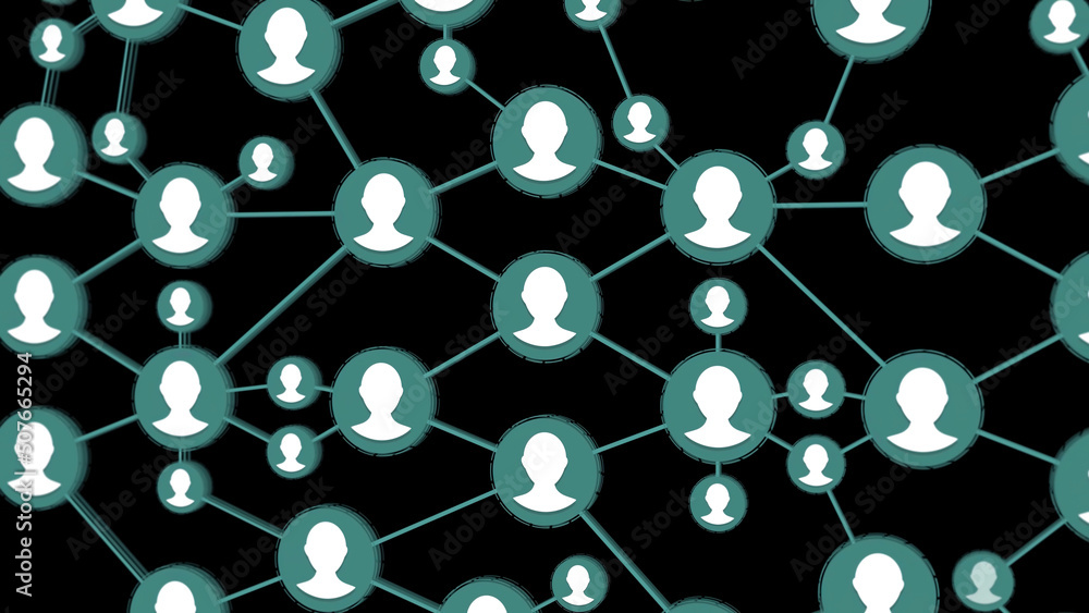 Poster social connection animation. icons of people linked to a group on a black background