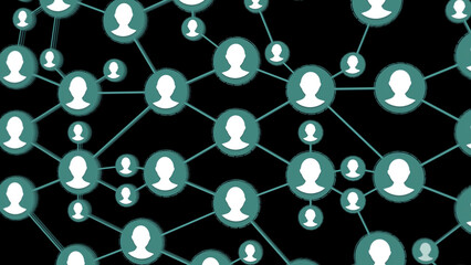 Social connection animation. Icons of people linked to a group on a black background