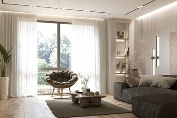 Modern living room with sofa, armchair and decorated wooden wall. 3D illustration
