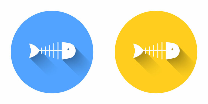 White Fish skeleton icon isolated with long shadow background. Fish bone sign. Circle button. Vector