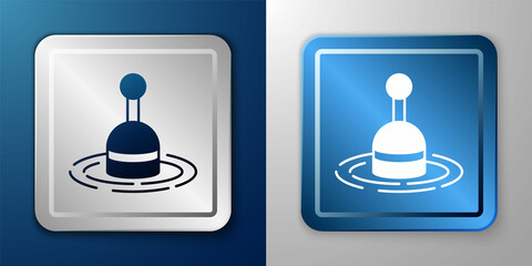 White Fishing float in water icon isolated on blue and grey background. Fishing tackle. Silver and blue square button. Vector