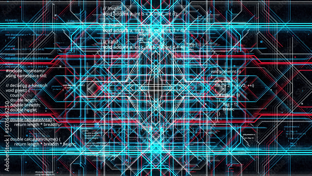 Poster technological high tech background of a complex tunnel made by colorful narrow lines. animation. flo