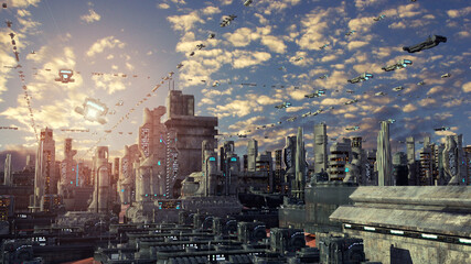 3d rendering. Futuristic city and spaceships