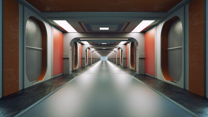 3d render. Futuristic corridor interior design