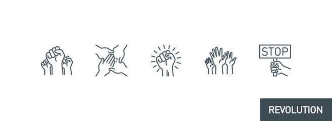 raised up fist in protest no war single line icons set isolated on white. Perfect outline symbol raised up fist revolution riot. freedom power design with editable Stroke. People rights line icons set
