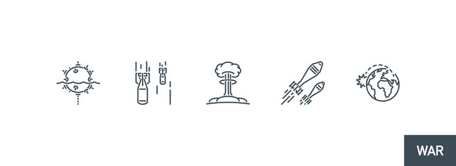 bombing with atomic aerial bombs line icon collection isolated on white. outline missile bombs avia attack symbols set. Nuclear bombing war banner. rocket bomb explosion element with editable stroke
