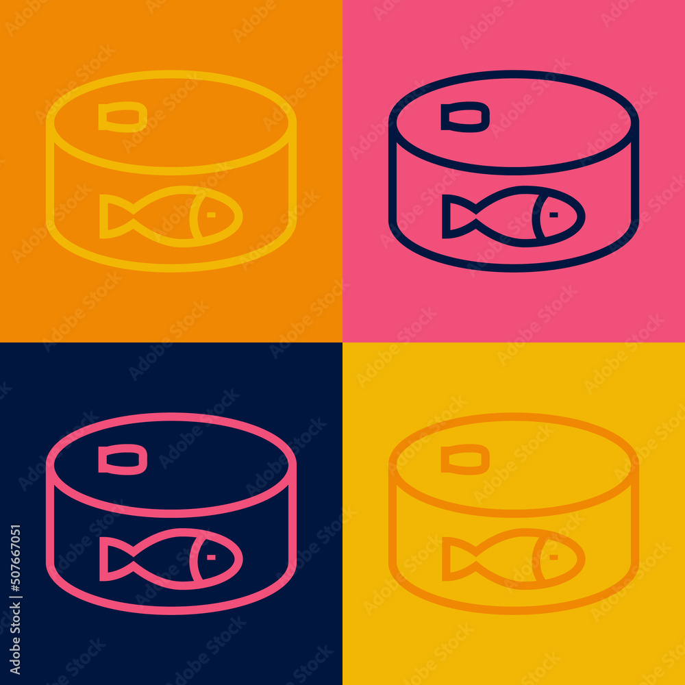 Poster pop art line canned fish icon isolated on color background. vector