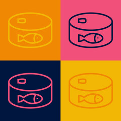 Pop art line Canned fish icon isolated on color background. Vector