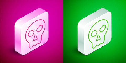 Isometric line Skull icon isolated on pink and green background. Happy Halloween party. Silver square button. Vector