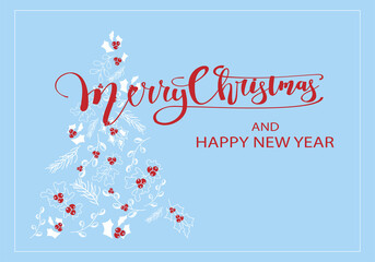 Vector. Merry Christmas and Happy New Year floral background, text design. Rustic horizontal template for a Christmas card, party invitation and other promotional items. Hand-drawn sketch.