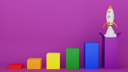 Business growth bars with the colors of the lgtb flag and a rocket taking off symbolizing professional success. 3D rendering.