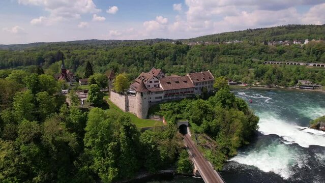 Rheinfall  (Rhine Falls) aerial drone view - biggest waterfall in Europe in Schaffhausen ,Switzerland- German border