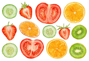 Watercolor fruit and vegetable slices isolated on white background. Tomato, orange, kiwi, cucumber, strawberry.