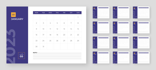 Desktop Monthly Photo Calendar 2023. Simple monthly horizontal photo calendar Layout for 2023 year in English. Cover Calendar and 12 months templates. Week starts from Monday. Vector illustration