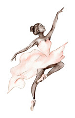 Watercolor dancing ballerina with dark skin, and drawn brown bindweed branches,pink-brown dragonfly © Leila