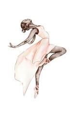 Watercolor dancing ballerina with dark skin, and drawn brown bindweed branches,pink-brown dragonfly © Leila