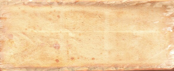 Old brown paper parchment background design with distressed vintage stains and ink spatter and white faded shabby center, elegant antique beige color