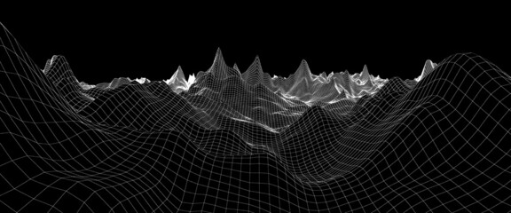 polygonal terrain, wireframe landscape, connection grid, futuristic 3d mountains, fine lines in motion, computer generated 3d tissue, network abstract illustrated, silky waves