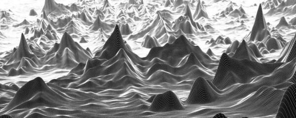 polygonal terrain, wireframe landscape, connection grid, futuristic 3d mountains, fine lines in motion, computer generated 3d tissue, network abstract illustrated, silky waves