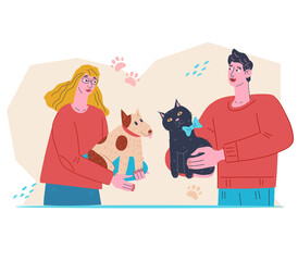 Banner with pets and owners for pet shop or veterinary, grooming, flat vector isolated.