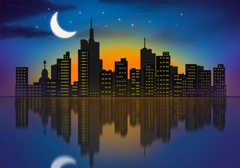 High tower in big city illustration, Contemporary architecture with silhouette at night illustration, Wonderful buildings in downtown on blue background illustration