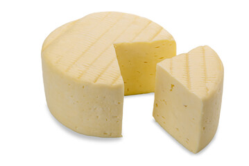 Italian caciotta, a form of cheese cut with one slice. Isolated on white, clipping path