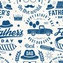 Fototapeta na wymiar Happy Father's Day seamless pattern. Vector illustration. For Father's Day background with retro pickup truck, crown and ties. Concept for pattern background or wallpaper.