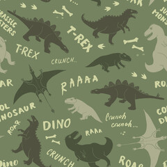 Dino Seamless Pattern, Cute Cartoon Dinosaurs Doodles Vector Illustration © saint_antonio