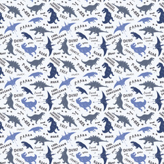 Dino Seamless Pattern, Cute Cartoon Dinosaurs Doodles Vector Illustration