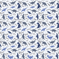 Dino Seamless Pattern, Cute Cartoon Dinosaurs Doodles Vector Illustration