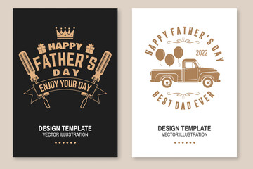 Happy Father's Day badge, logo design. Vector illustration. Flyer, brochure, banner, poster for Father's Day Designs with retro pickup truck, crown, gift, screwdriver. © sivvector
